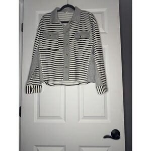Hem And Thread Large Button Down Crop Shacket Jacket Gray Black Cream Stripe